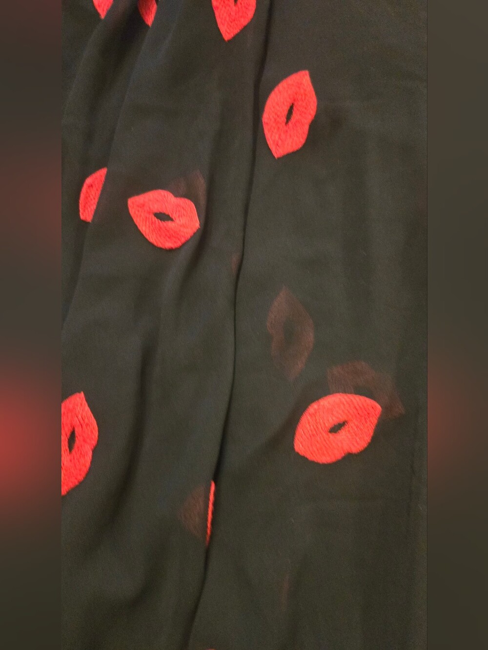 Borme Black Fit & Flare Dress Red Lip Print Lace Yoke Upper Neck XL - Picture 2 of 10